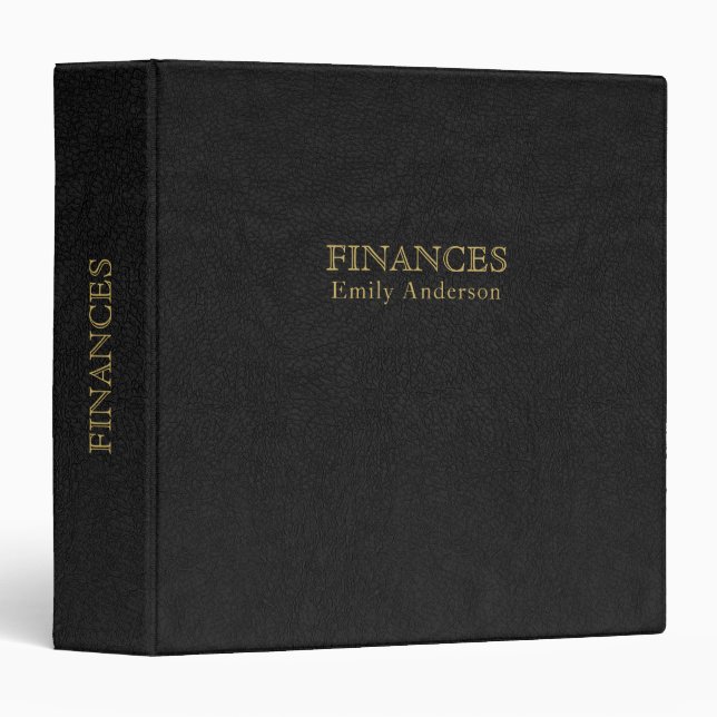 Black Leather Texture Gold Finances Typography 3 Ring Binder (Front/Spine)