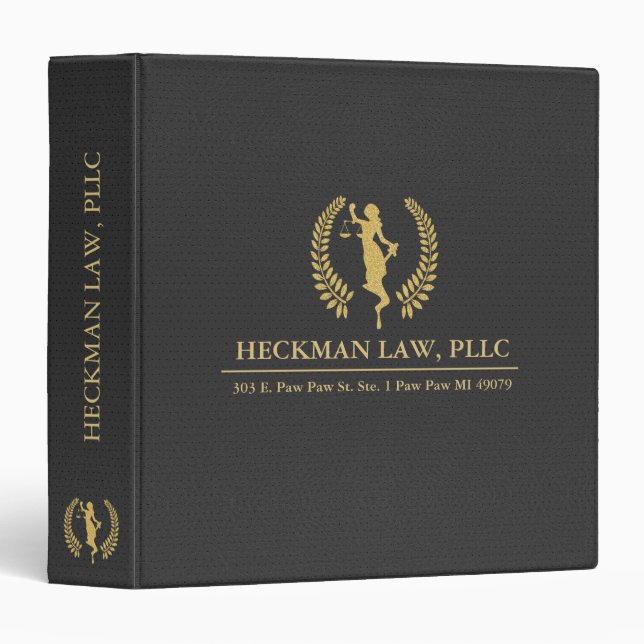Black Leather Texture Gold Ladies Justice Logo 3 Ring Binder (Front/Spine)