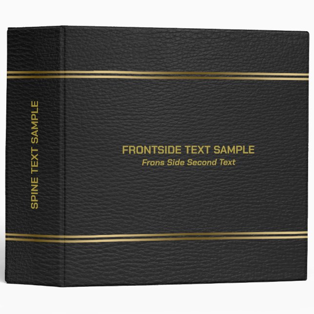 Black Leather Texture Gold Tones Stripes Accent 3 Ring Binder (Front/Spine)