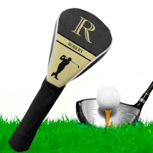 Black Leather Texture Golfer Monogram Name Gold   Golf Head Cover
