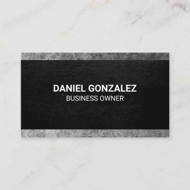 Black Leather Texture | Grey Grunge Trim Business Card (Front)