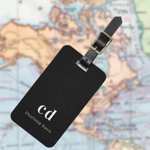 Black leather texture monogram luggage tag