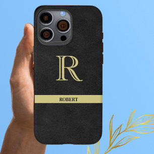 Black Leather Texture Monogram Name Gold   iPhone 16 Pro Max Case