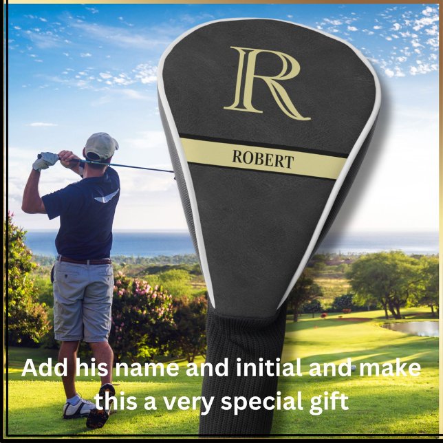Black Leather Texture Monogram Name Gold   Golf Head Cover (Creator Uploaded)
