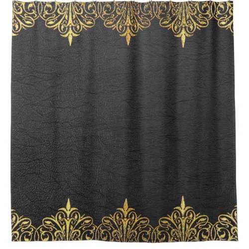 Black Leather Texture Print Gold Border Shower Curtain