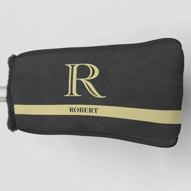 Black Leather Textured Monogram Name Gold     Golf Head Cover (Front)