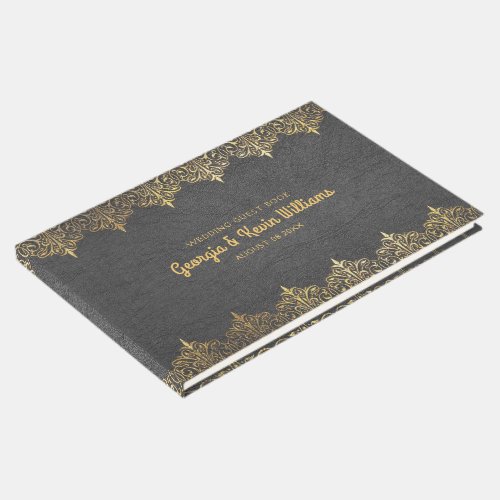 Black Leather Vintage Gold Lace Border Guest Book