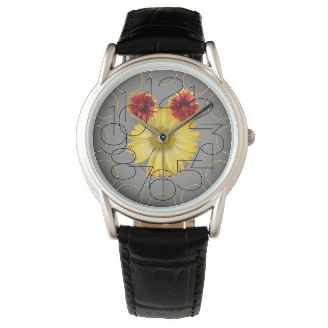 Black leather watch with flower face (Front)