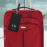 Black leather white monogram name luggage tag<br><div class="desc">Black faux leather print as background. Personalize and add your monogram letters and full name on the front. Your contact information on the back.  White text.</div>