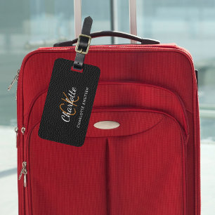 Black leather white monogram name luggage tag