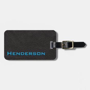 Black Leather With Blue Text Luggage Tag by pixelholicBC at Zazzle