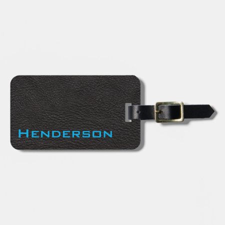 Black Leather With Blue Text Luggage Tag