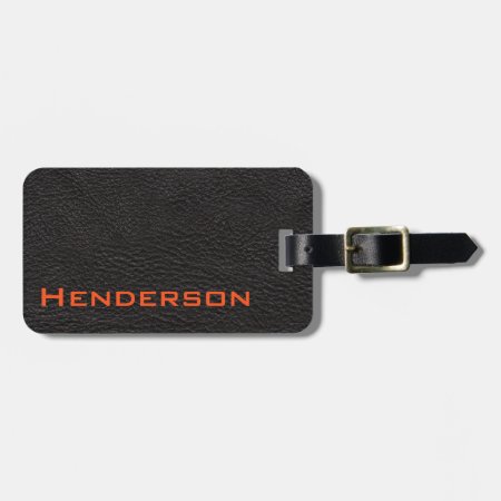 Black Leather With Orange Text Luggage Tag