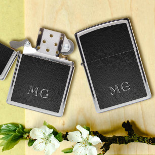 Black Leather with Stylish White Monogram Initial  Zippo Lighter