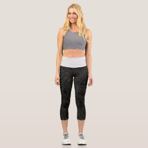 Black Leaves And White Capri Leggings