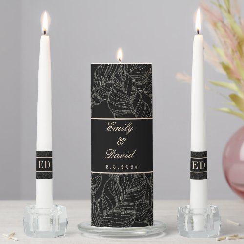 Black Leaves Line Art Pattern Wedding Unity Candle Set