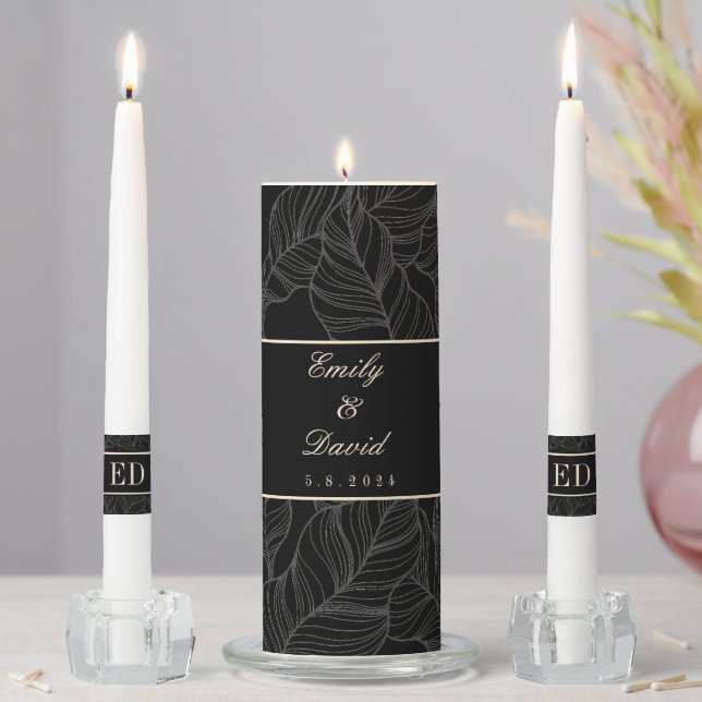 Black Leaves Line Art Pattern Wedding Unity Candle Set (In Situ)