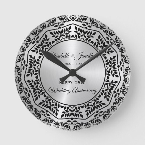 Black Leaves Mandala 25th Anniversary Round Clock