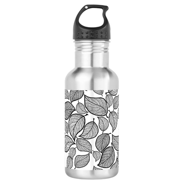 Black Leaves on White Stainless Steel Water Bottle (Front)