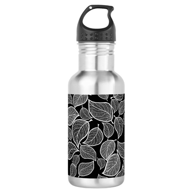 Black Leaves on White Stainless Steel Water Bottle (Front)