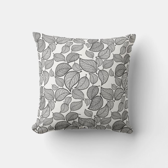 Black Leaves on White Throw Pillow (Front)