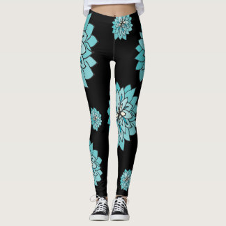 Black legging with graphic teal blue flower design