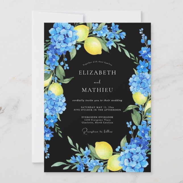 Black Lemon Hydrangea Eucalyptus Wedding Invitation (Front)