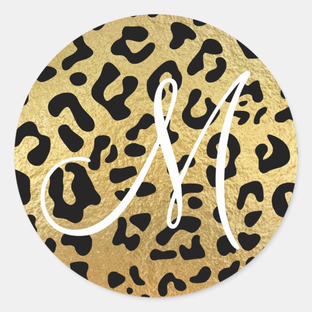 Black Leopard and Faux Gold Foil Texture Monogram Classic Round Sticker (Front)