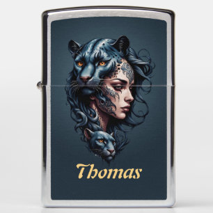 Black leopard and women head.  zippo lighter