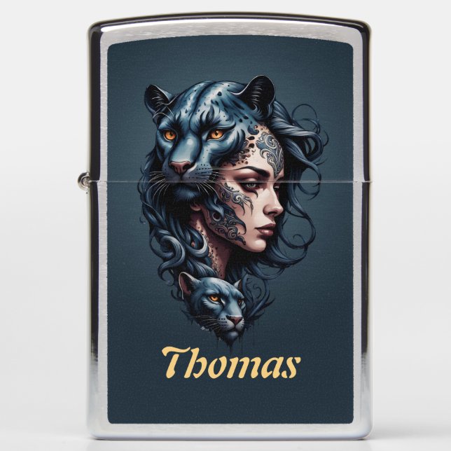 Black leopard and women head.  zippo lighter (Front)