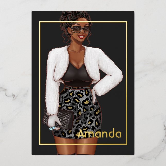 Black Leopard Fashion Birthday Party Foil Invitation (Front)
