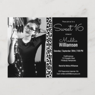 Black Leopard Glitter Photo Sweet 16 Invitation Postcard