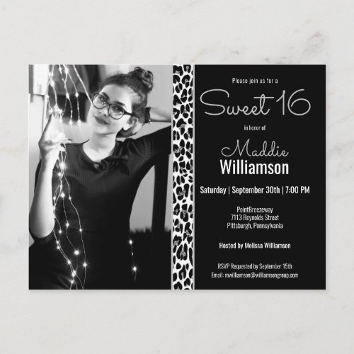 Black Leopard Glitter Photo Sweet 16 Invitation Postcard