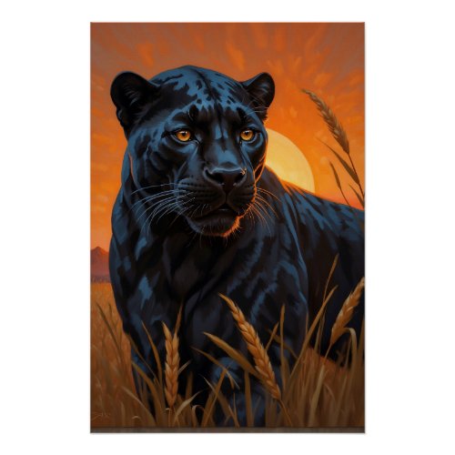 Black Leopard in Savannah Grasses Poster