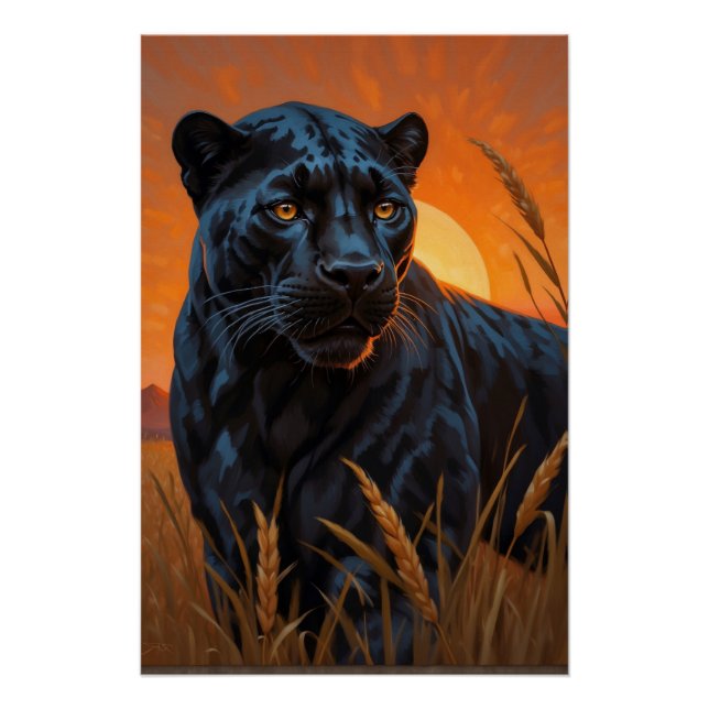 Black Leopard in Savannah Grasses Poster (Front)