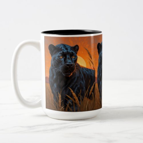 Black Leopard in Savannah Grasses Two_Tone Coffee Mug