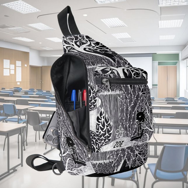 Black leopard in the jungle, hand drawn, custom sling bag (Creator Uploaded)