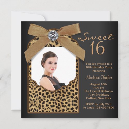 Black Leopard Photo Sweet 16 Birthday Party Custom Invitation