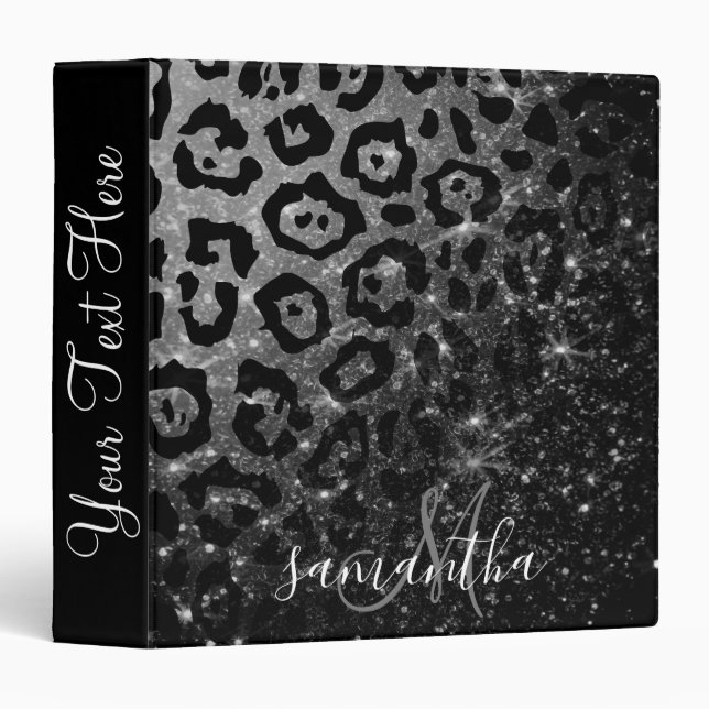 Black Leopard Print and Glitter 3 Ring Binder (Front/Spine)