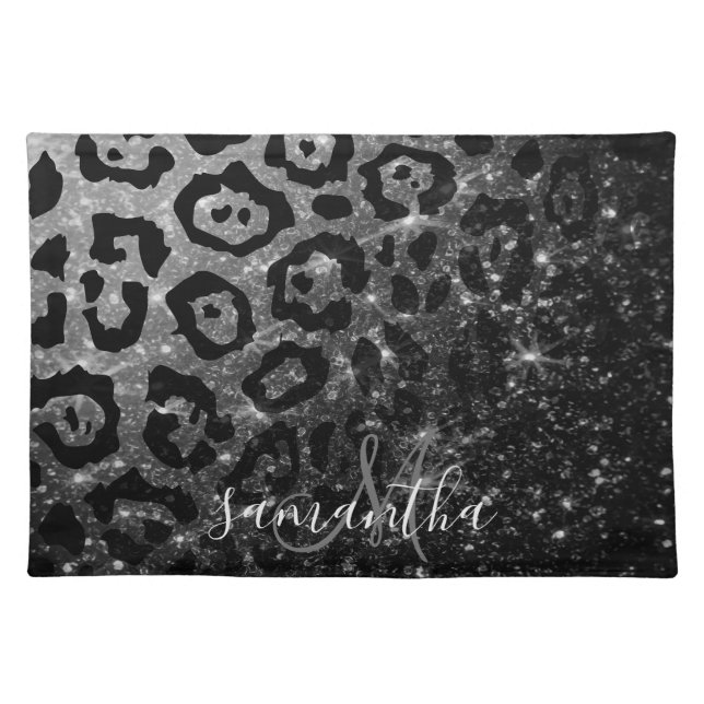 Black Leopard Print and Glitter Cloth Placemat (Front)
