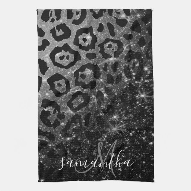 Black Leopard Print and Glitter Kitchen Towel (Vertical)