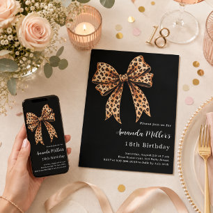 Black leopard print bow brown birthday invitation