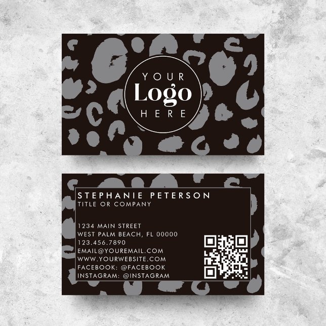 Black Leopard Print Custom Company Logo QR Code Business Card (Creator Uploaded)