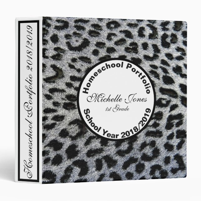 Black Leopard Print Homeschool Portfolio 3 Ring Binder (Front/Spine)