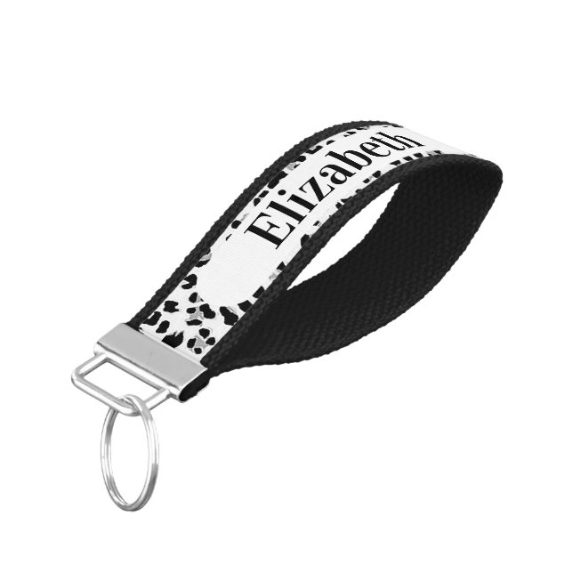 Black leopard print personalized wrist keychain (Angled Down)