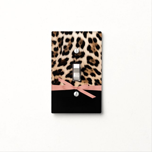 Black Leopard Print Rose Gold Bow Light Switch Cover (In Situ)