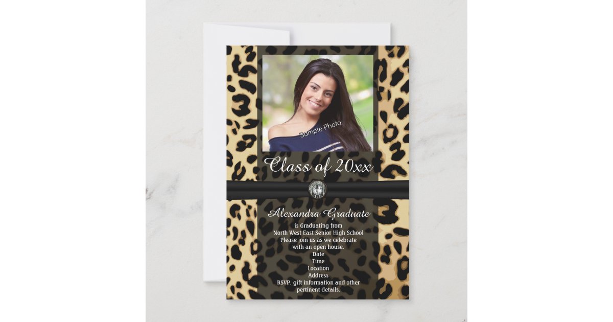 Leopard Graduation Invitations Black Leopard Ribbon Photo Graduation Invitation | Zazzle