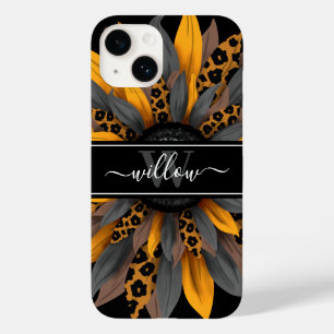 Black Leopard Spots Sunflower Name Monogram Case-Mate iPhone 14 Case