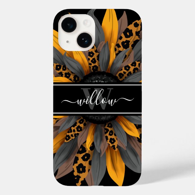 Black Leopard Spots Sunflower Name Monogram Case-Mate iPhone Case (Back)