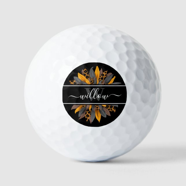 Black Leopard Spots Sunflower Name Monogram Golf Balls (Front)
